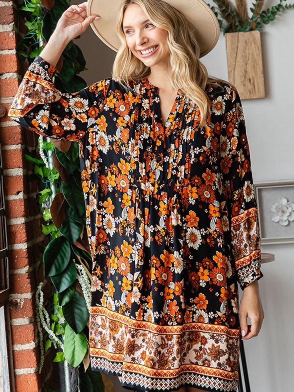 First Love Boho Floral Tunic Dress - Black with Orange Daisy Print